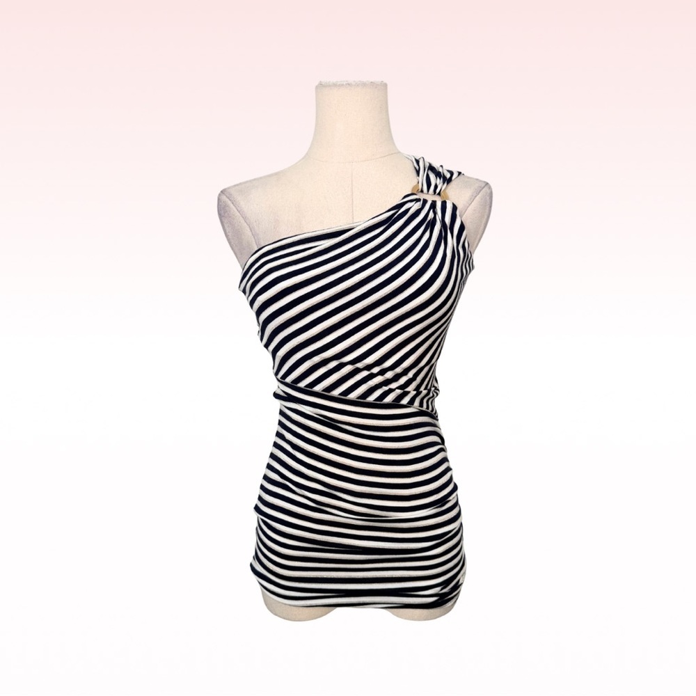 CASHÉ Vintage Striped One Shoulder Top (Sz XS)